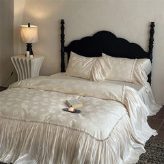 Vintage French Large Lace Ruffles Lyocell Cotton Rose Jacquard Luxury Bedding Set