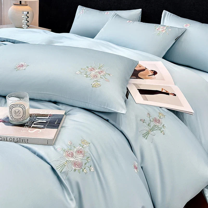 Chic Flowers Embroidery 100% Cotton Luxury Simple Solid Color Bedding Set