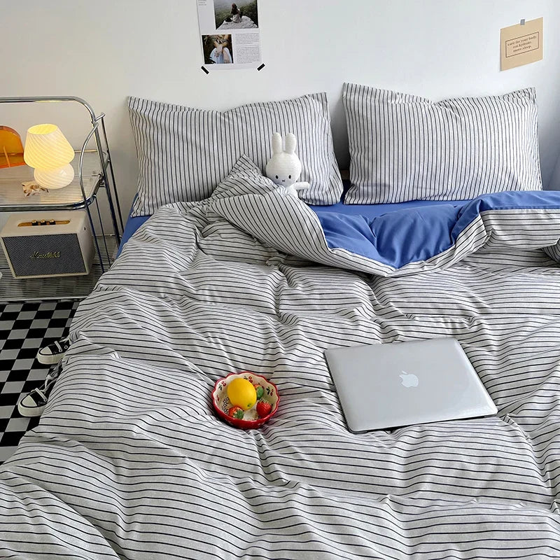Brushed Japanese Muji-Style Plaid Striped Duvet Cover and 2 Pillowcases minimal queen twin size quilt cover 3pcs bedding sets