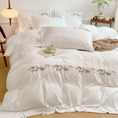 Vintage Floral Embroidered Lace-Up White Bedding Set