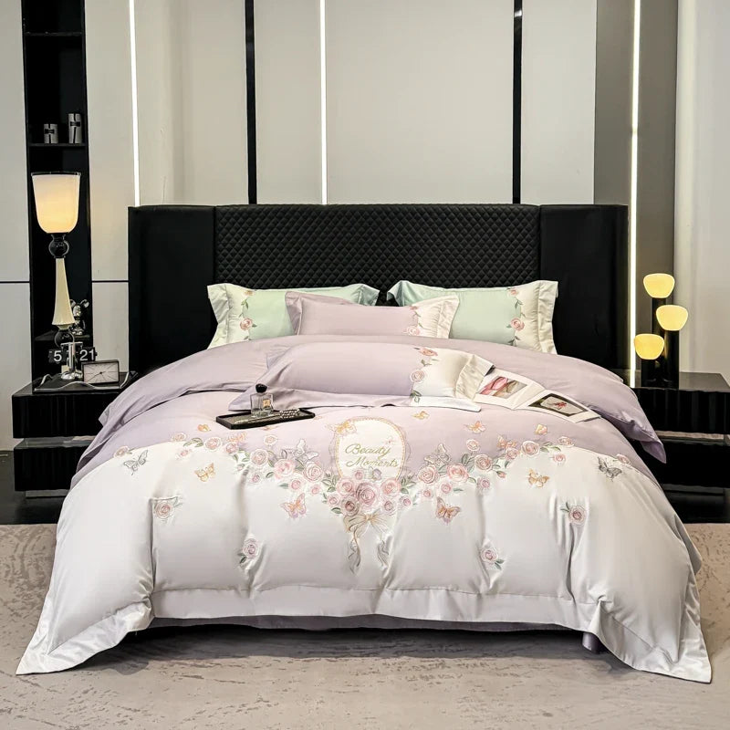 100% Cotton Rose Flowers Butterfly Embroidery Bedding Set