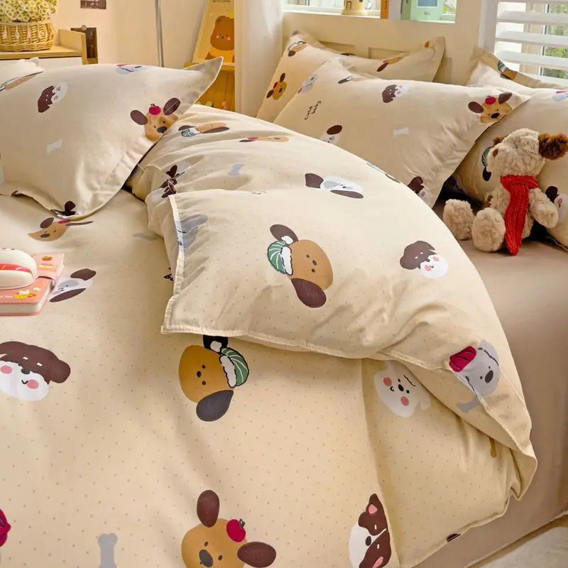 Ins Bear Duvet Cover Set with Zipper Fashion Girls Boys Kids Flat Bed Sheet Pillowcases No Filler Single Queen Size Bedding Set