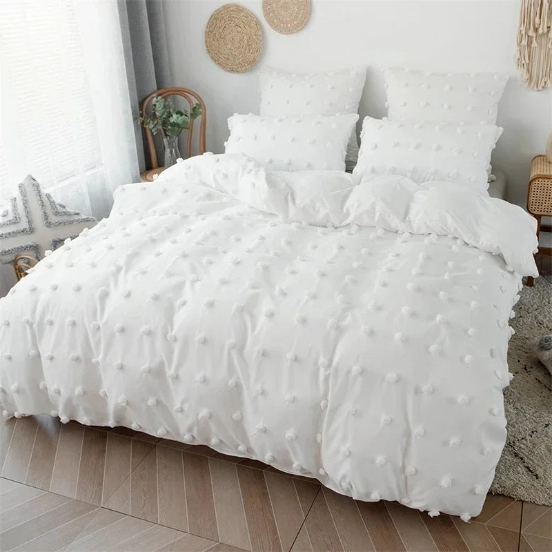 White Tufted Pom Pom Duvet Cover Set Soft Single Double Bedding Solid Color Quilt Cover with Pillowcases Queen King Bed Linen