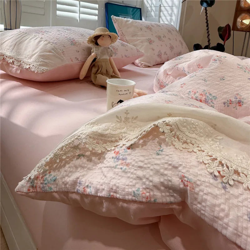 3/4Pcs Korean Princess Style Floral Ruffles Soft Bedding Set
