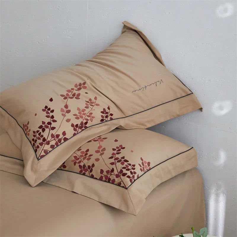 100% Cotton Brushed Autumn Winter Luxury Leaf Embroidery Bedding Set