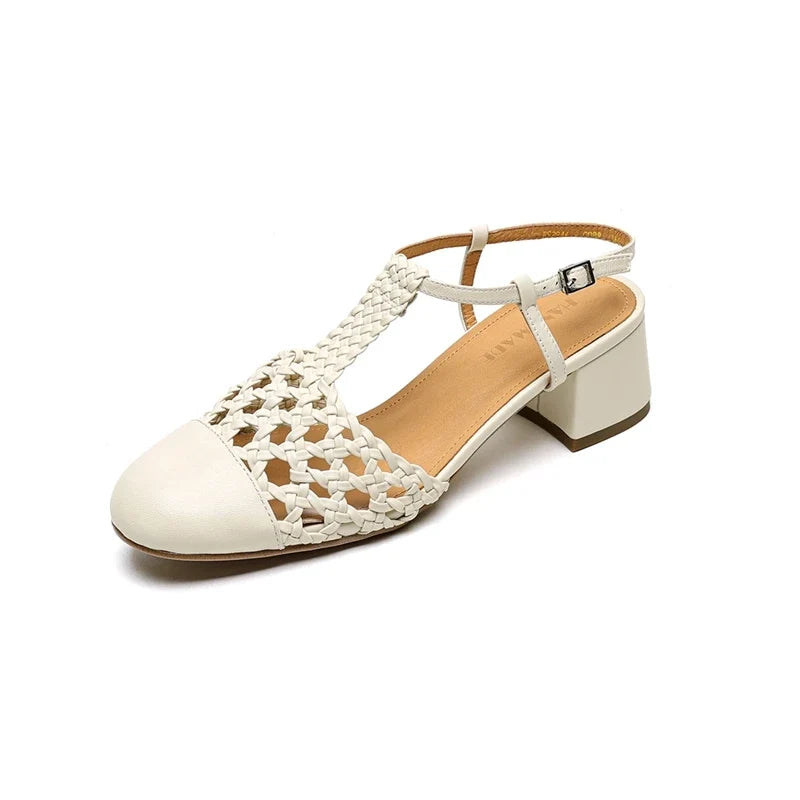 sheepskin woven hollow breathable retro high Heels