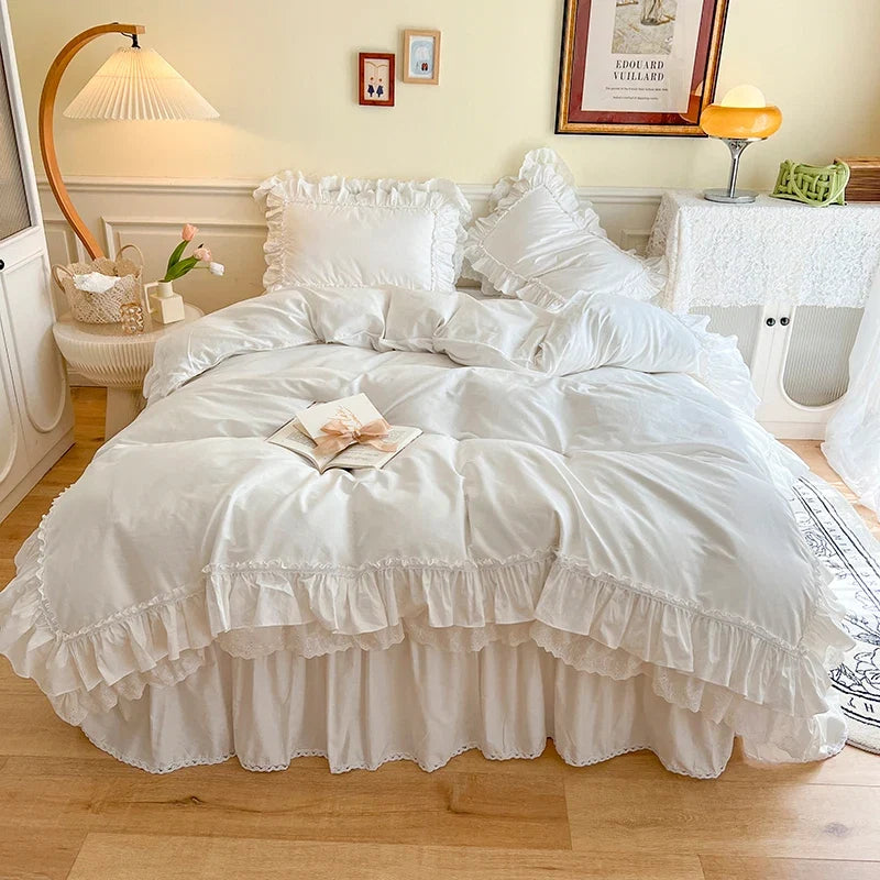 4Pcs White Korean Princess Style 100% Cotton Bedding Set