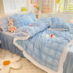 Korean Seersucker Duvet Cover Set with Pillowcases Flat Sheet Adults Kids Twin Full Queen Size Bedding Set
