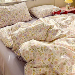Purple Floral Duvet Cover Set Single Queen Size Girls Flat Sheet Pillowcase No Filler Ins Korean Home Bedding Set