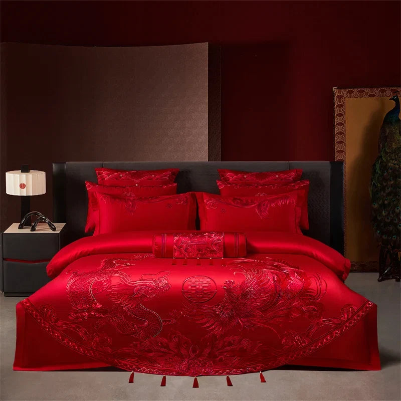 Luxury Chinese Style Wedding Dragon Phoenix Embroidery Red Bedding Set
