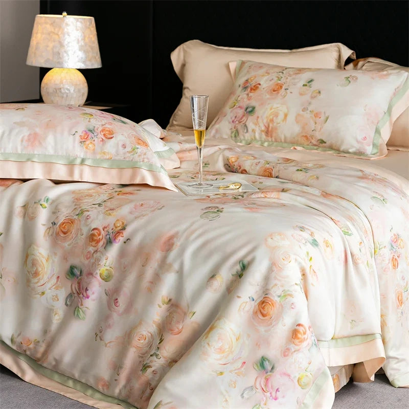 82% lyocell, 8% silk and 10% nylon soft silky flowers digital printing Bedding Set