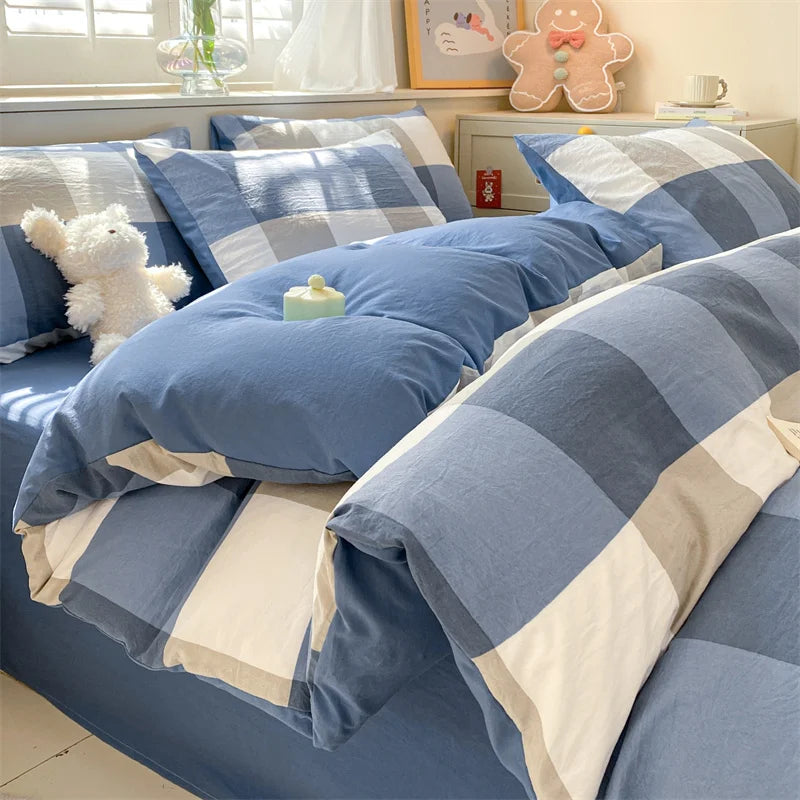 3/4 Pcs Blue Checkered Bedding Set