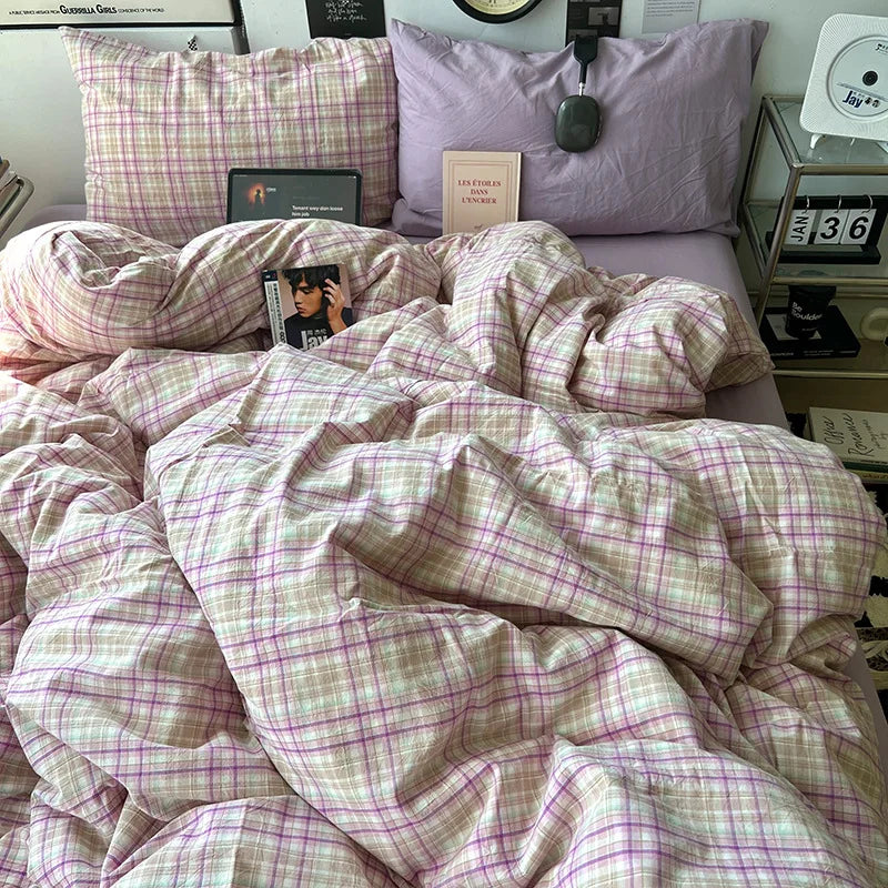 Vintage Plaid Cotton Duvet Cover Set Twin Full Queen Size Soft Bed Flat Sheet Bedding Set