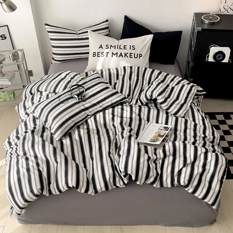 Simple Green Striped Duvet Cover Bed Sheet Pillowcase Set Full Queen King Cotton Bedding Set