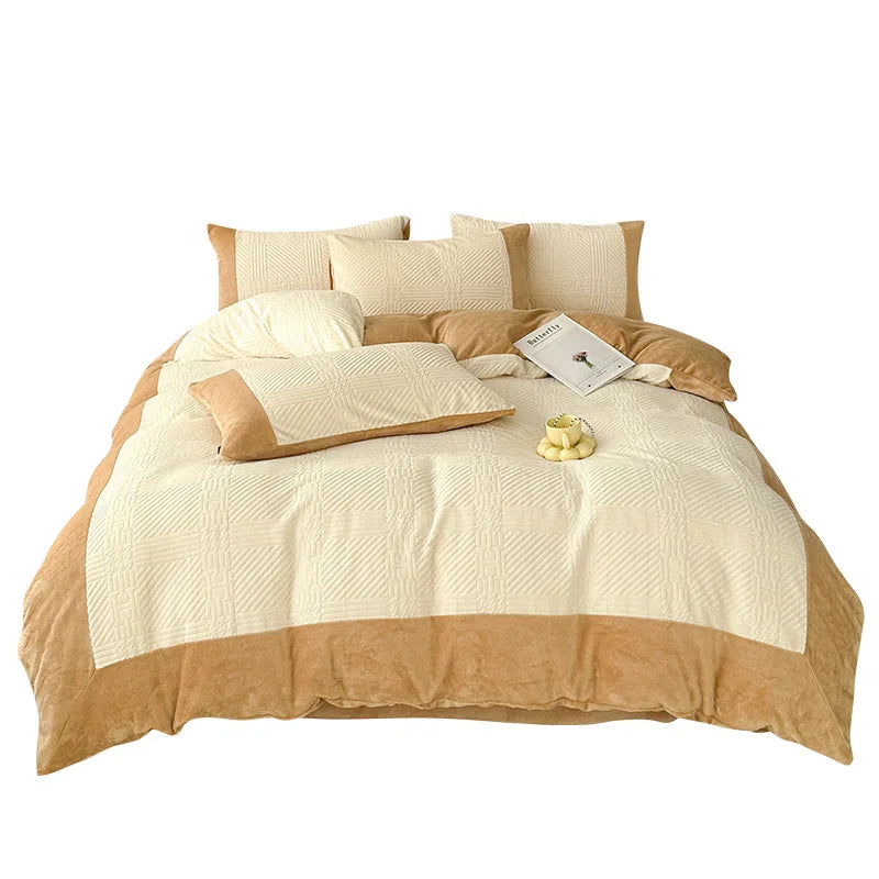 Winter Carved Milk Velvet Duvet Cover Set with Sheet and Pillowcase Thicken Bedding Set
