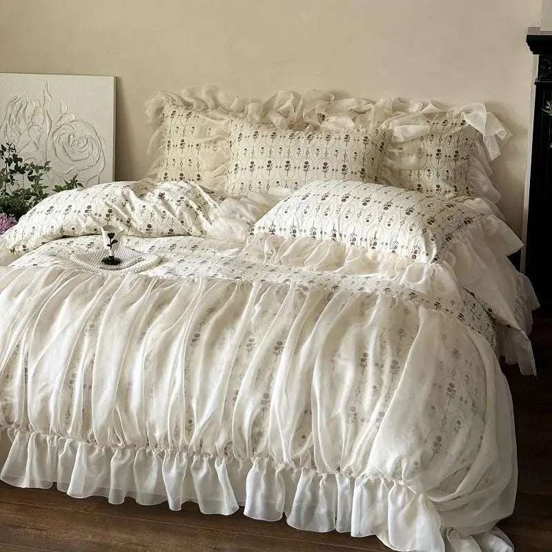 4Pcs Vintage French Pure Cotton Rose Print Pleated Lace Ruffles Bedding Set