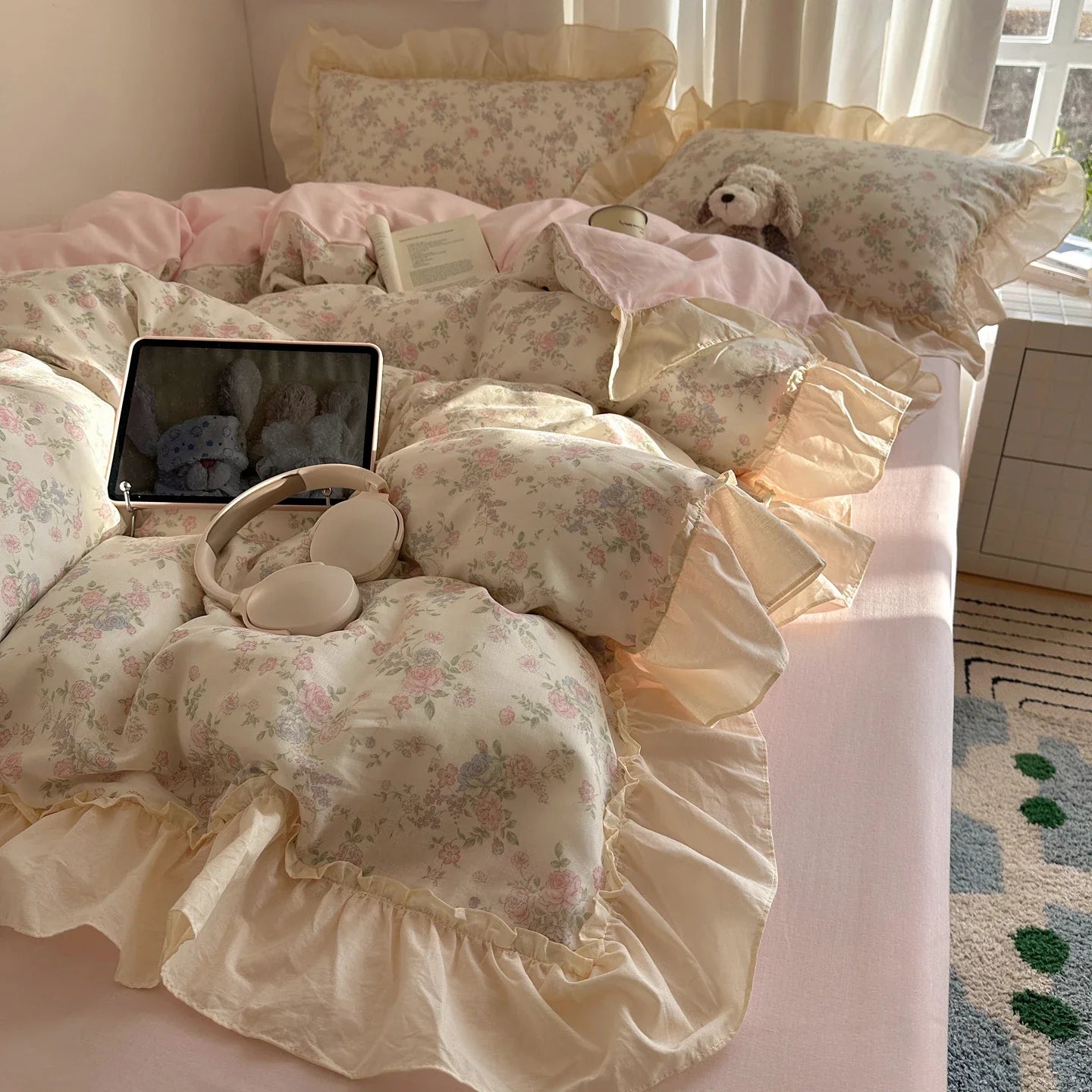 100% Cotton Korean Princess Style Floral Ruffles Bedding Set