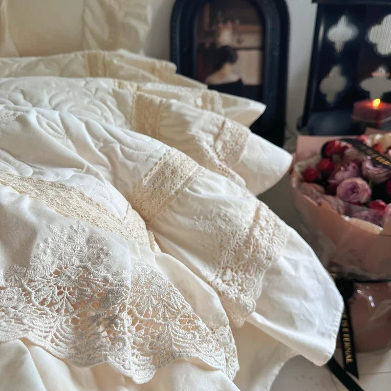 Rose Embossing Quilted Duvet Cover Set Vintage Lace Ruffles Pure Cotton Bedding Set