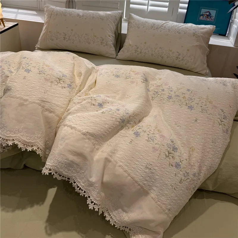 3/4Pcs Korean Princess Style Floral Ruffles Soft Bedding Set