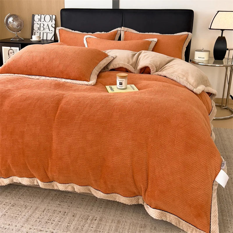 Winter Coral Velvet Duvet Cover Set with Bed Sheets and Pillowcase Warm Keep Skin Friendly Bedding Four Piece Set Quilt Cover