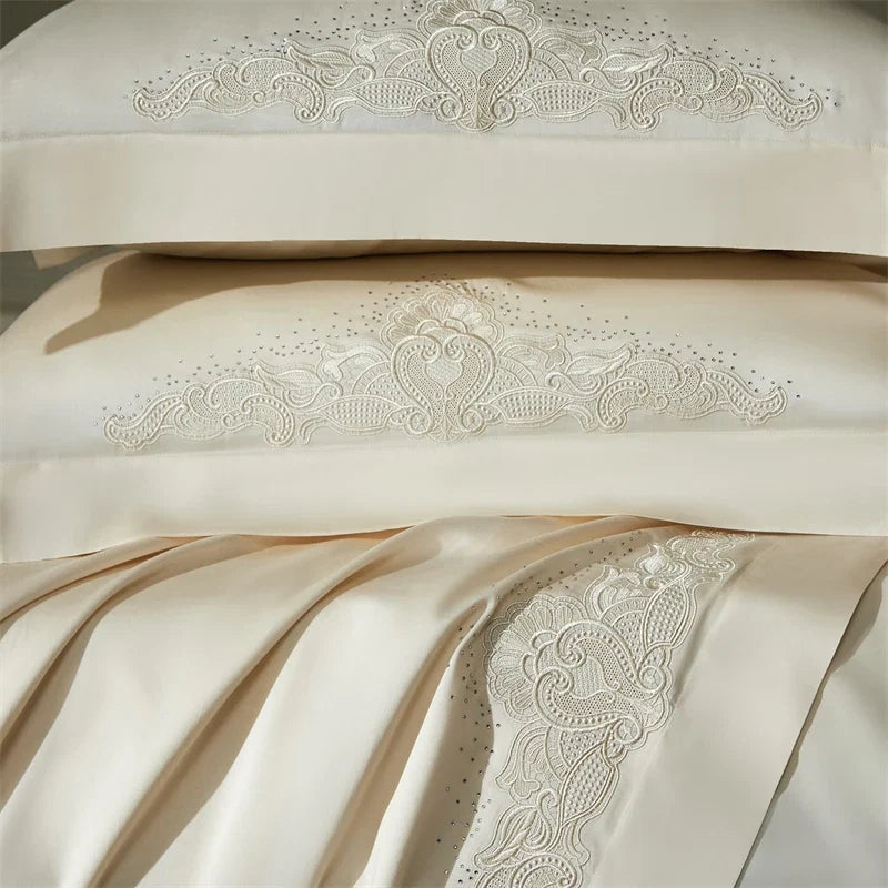 Luxury Lyocell Cotton Bedding Set, Champagne with Embroidery & Rhinestone Trim, Silky Soft Duvet Cover Bed Sheet Pillowcase 4Pcs