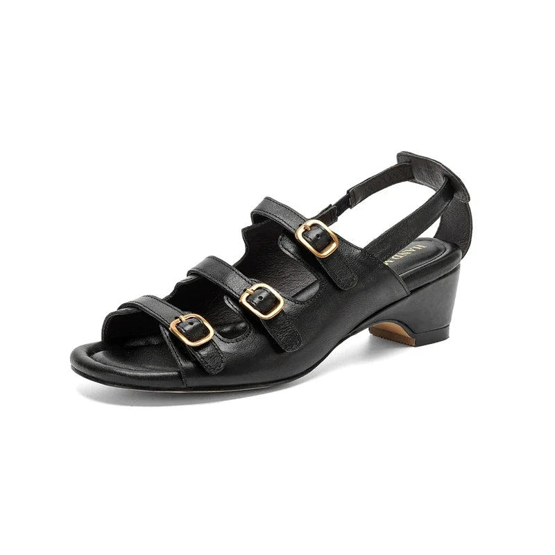 leather cowhide metal three row buckle hollow out middle Heel