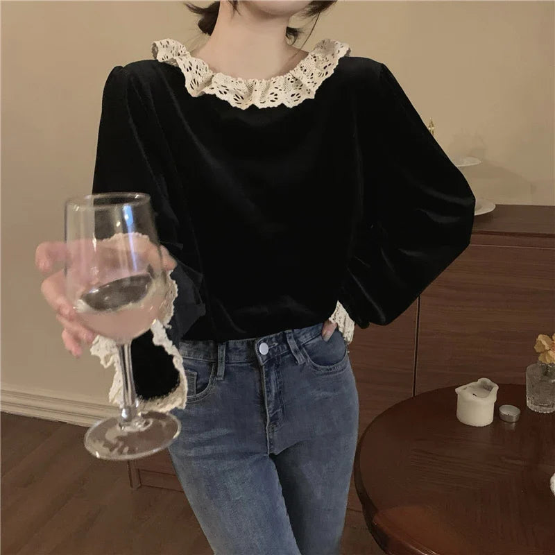 Sivelle Dark Academia Velvet Shirt with Lace Collar