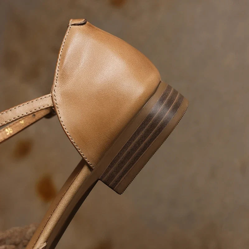 leather cowhide round toe loose grip low Heel