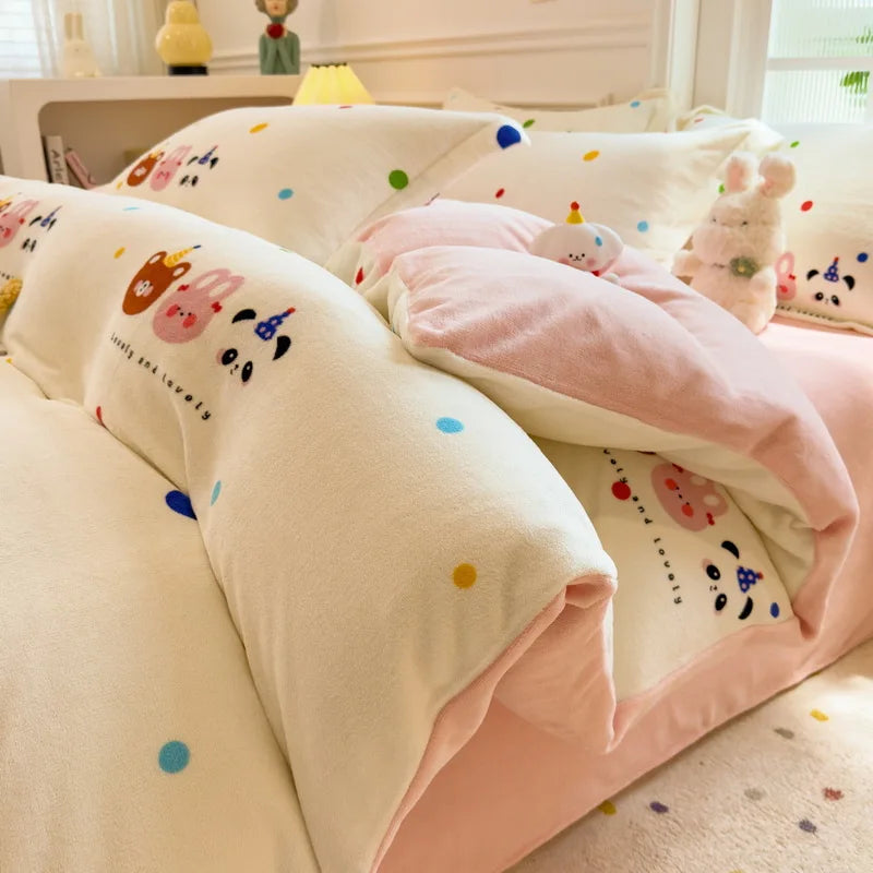 Cartoon Print Milk Velvet Duvet Cover Set Sheet Pillowcase Winter Plush Comforter Cover Set Home Textile Queen King Bedding Set