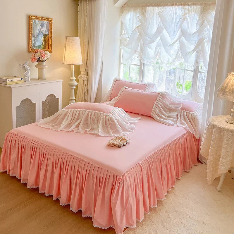 4/6Pcs Pink White Princess Wedding Bedding Sets