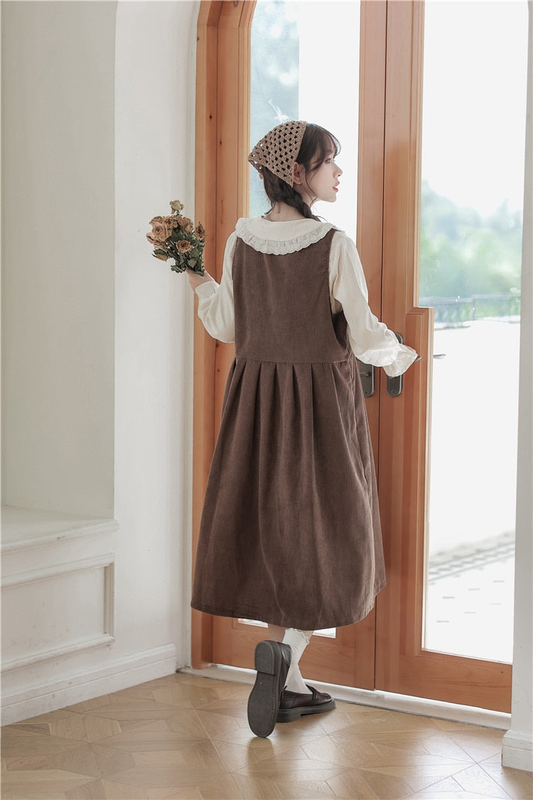Meadow Petal Corduroy Flower Embroidered Cottagecore Dress