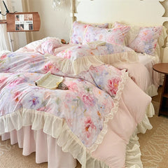 3/4Pcs French Princess Style Pink Luxury Duvet Cover Set Double Bedding Bedroom With Elastic Band Bed Linen Ruffle Pillowcase