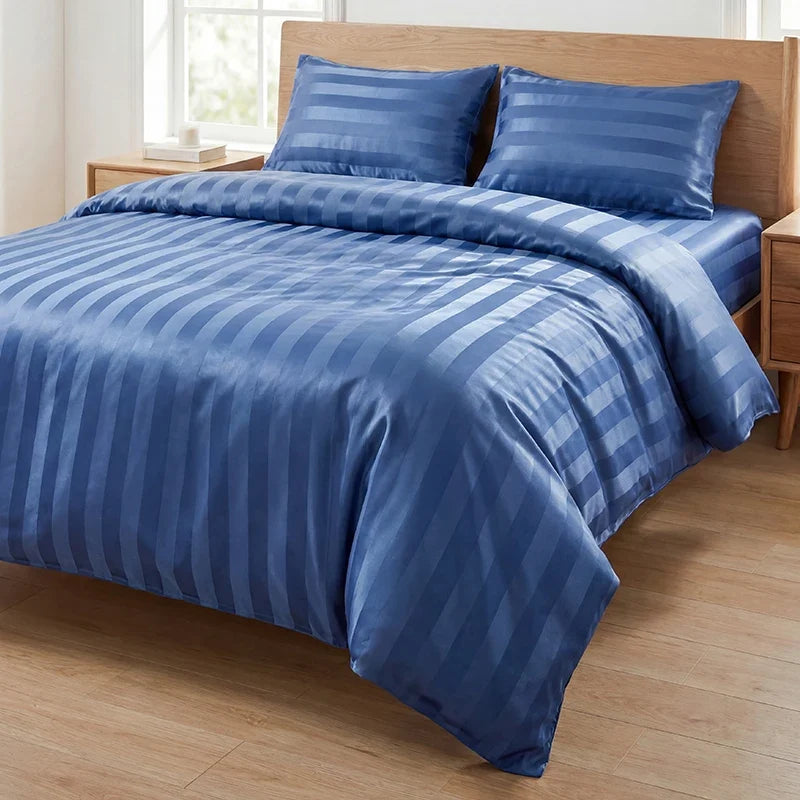 Luxury Black Satin Striped Duvet Cover Set, Silky Jacquard Vertical Stripe Bedding with Duvet Cover and Pillow Cases 2/3Pcs