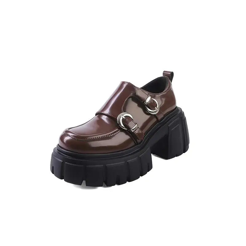 cowhide Platform Single shoe round toe Chunky Heel