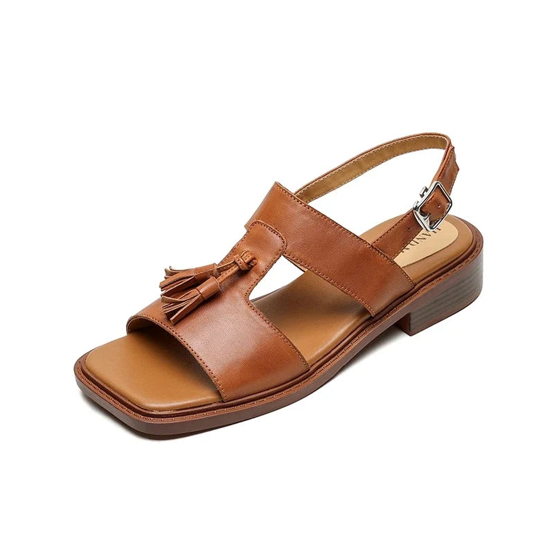 cowhide mid heeled tassel tightly fastened open toed fish mouth Shoes