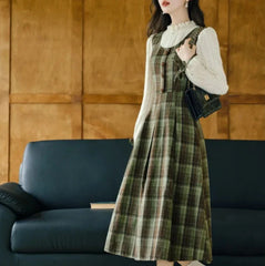 Harmony Plaid Wool Dark Academia Cottage Dress