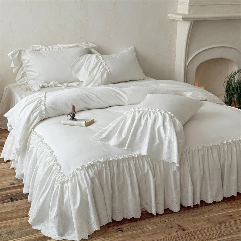100% Cotton White Pleated Ruffles Princess Wedding Bedding Set