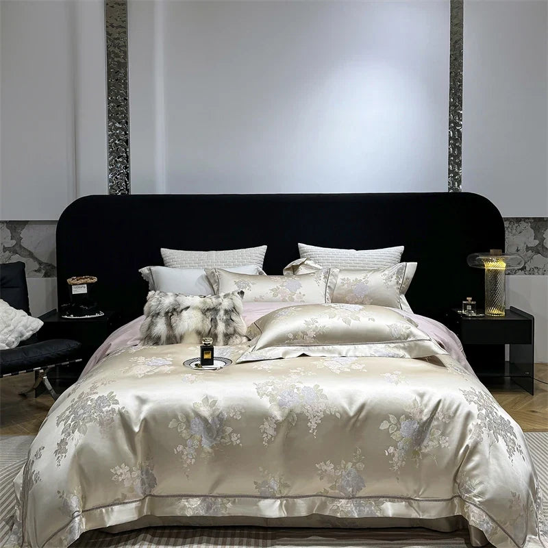Premium 100S Egyptian Cotton Floral Jacquard Luxury Bedding Champagne Ultra Soft Duvet Cover Set Bed Sheet With Pillowcase 4Pcs