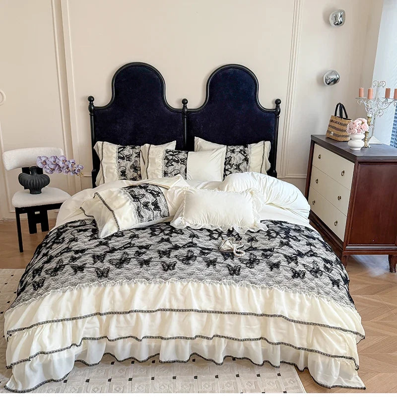 4Pcs French Vintage Princess Style Embroidered Chiffon Lace Ruffle Luxury Bedding Set