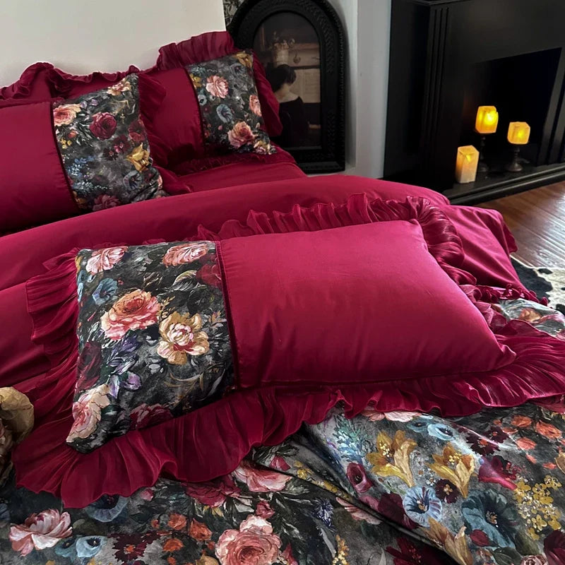 Vintage Floral Print Ruffles Princess Bedding Set