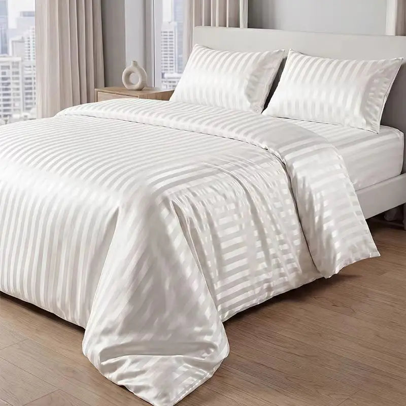 Luxury Black Satin Striped Duvet Cover Set, Silky Jacquard Vertical Stripe Bedding with Duvet Cover and Pillow Cases 2/3Pcs