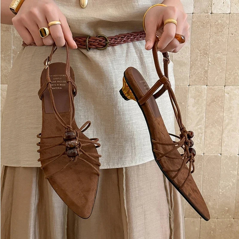leather cowhide bead weaving hollow breathable elastic buckle mid Heel