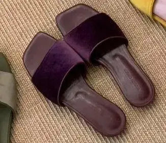 Vintage Velvet Square Toe Women Flats Slippers Concise Lightweight Slip On Slides Outdoor Daily Walking Vacation Dress Shoes