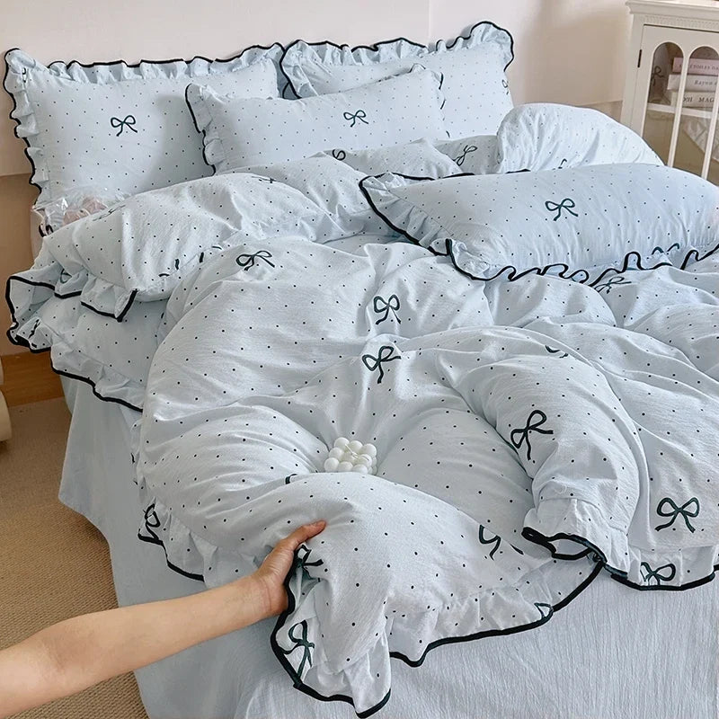 Heart Print Duvet Cover Set Princess Style Lace Ruffles Bedding Set