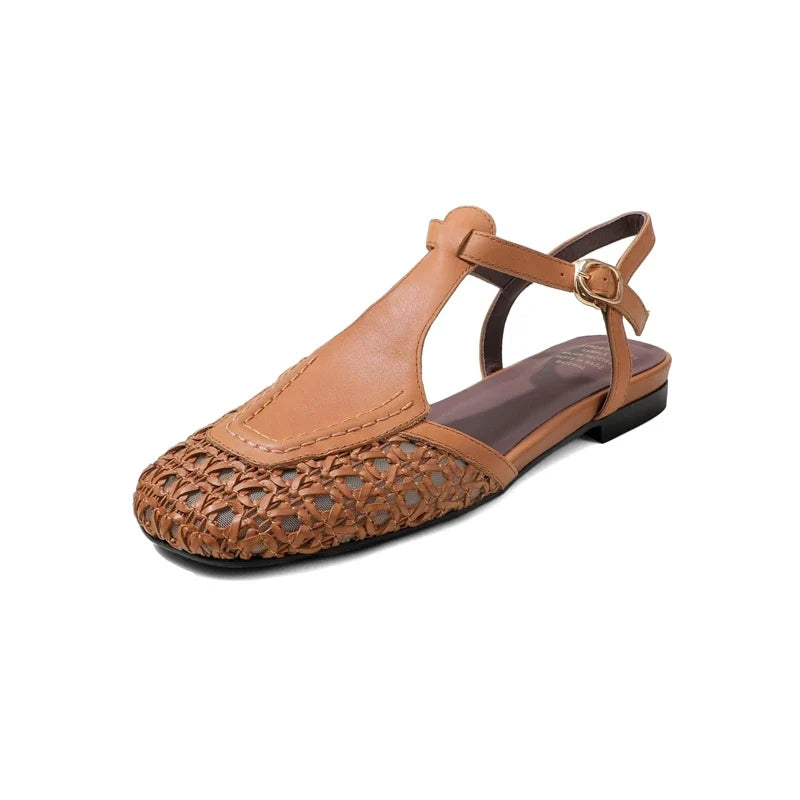 Leather Cowhide Square Toe Retro Low Heel