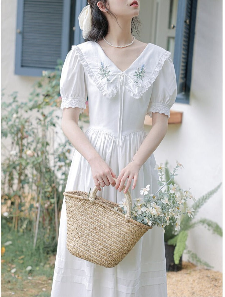 Heidi Flower Embroidered White Cottagecore Dress