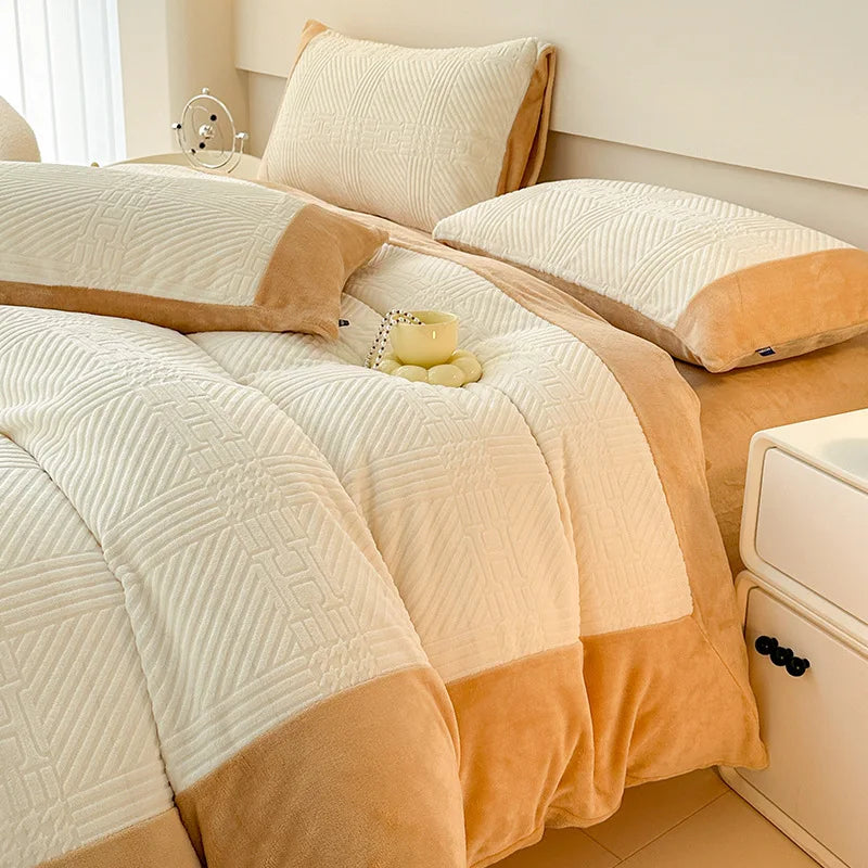 Winter Carved Milk Velvet Duvet Cover Set with Sheet and Pillowcase Thicken Bedding Set