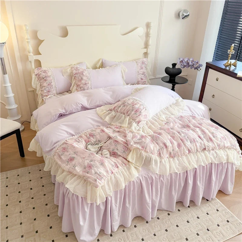 3/4Pcs Princess Style Pink Floral Print Lace Ruffle Boiled Cotton Bed Set Queen Size Double Bed Linen Full-Size For Room