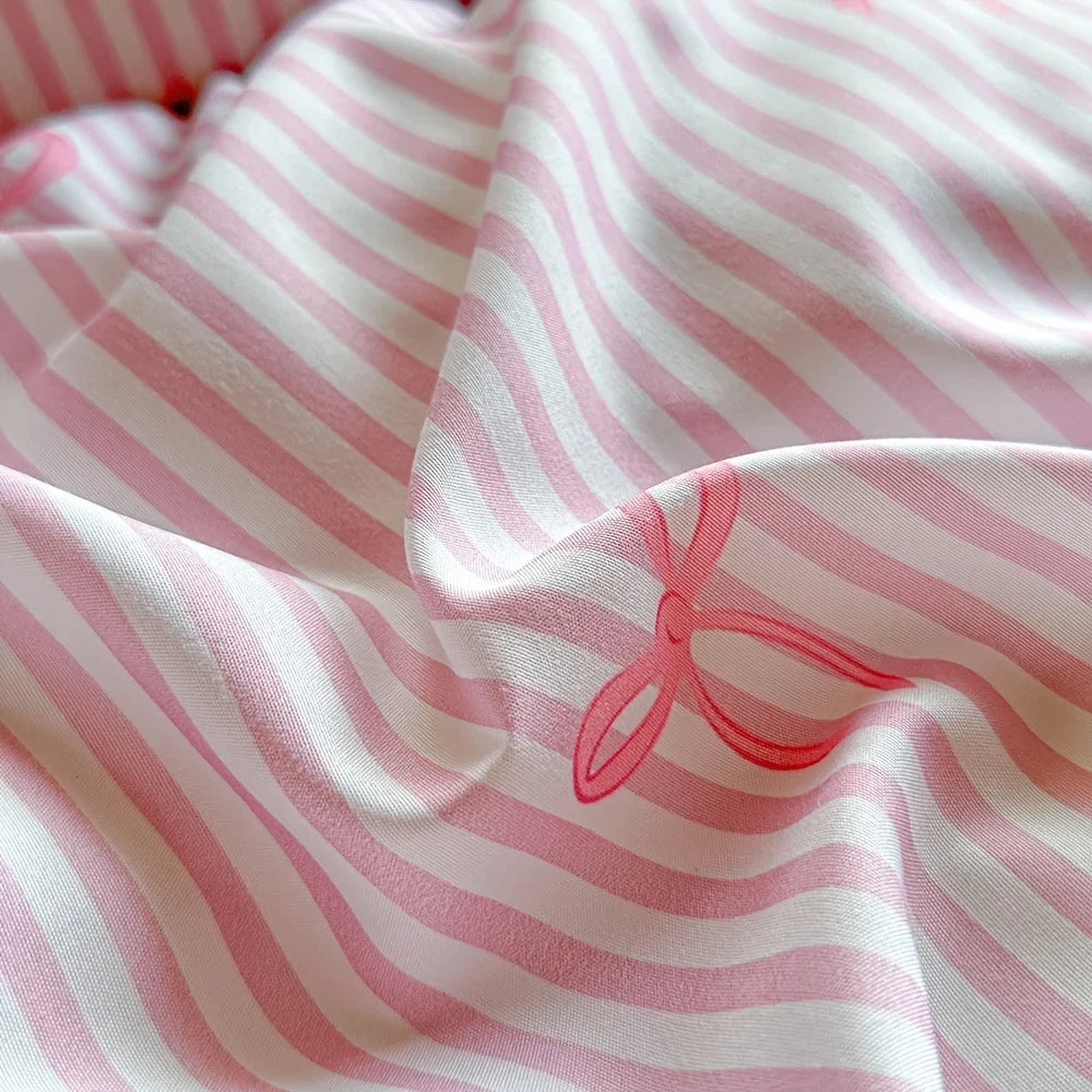 Cute Pink Bow Print Duvet Cover Set Soft Skin-friendly Striped Quilt Cover Pom Pom Queen King Size Bedding Set