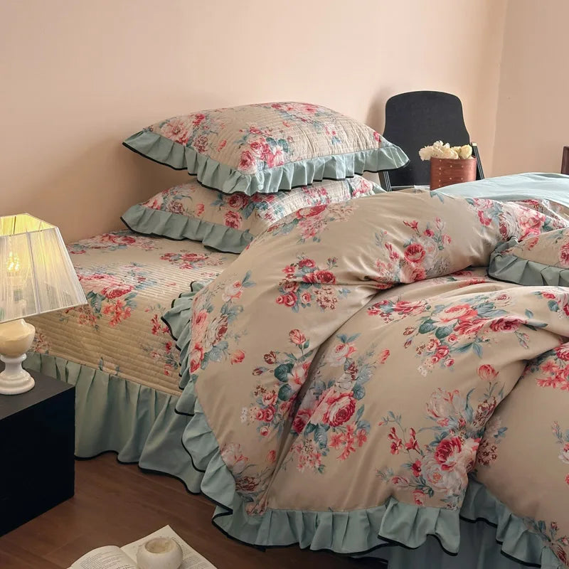4Pcs Vintage French Floral Ruffles Bedding Set, 100% Cotton, Princess Duvet Cover Set, Quilted Bedspread, Bed Sheet, Pillowcases